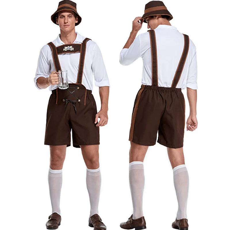 

Mens Oktoberfest Bavarian Beer Costume German Bavarian Shorts Outfit Overalls Shirt Hat Suspenders Short Set Halloween Costume