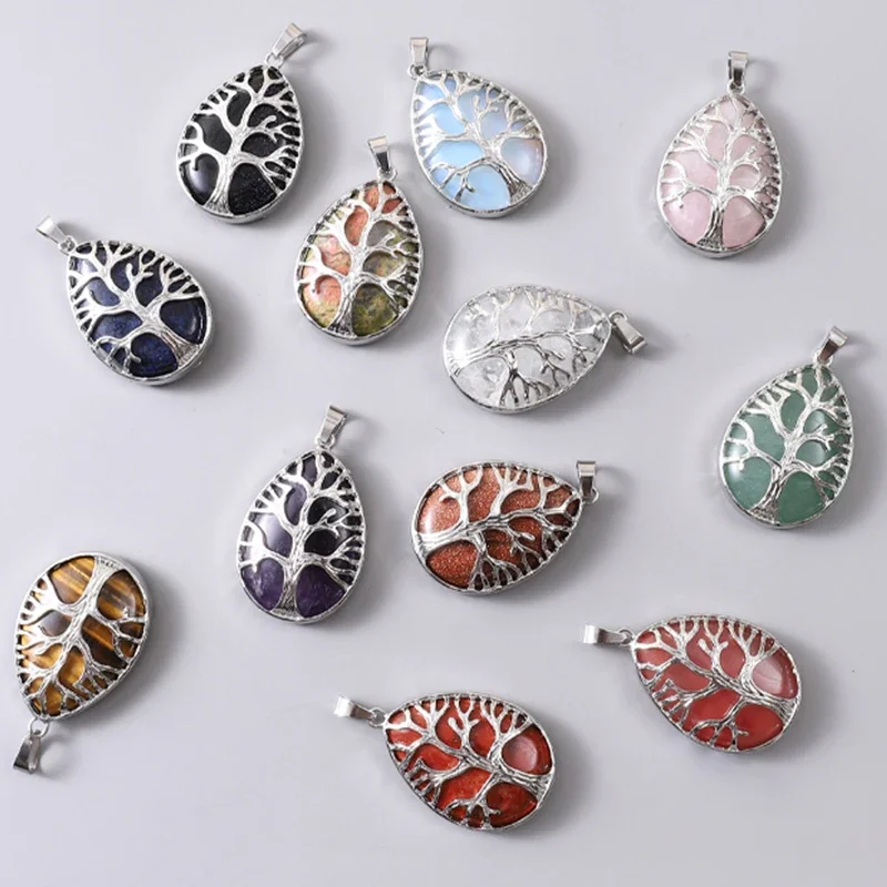 7 Chakra Stone Tree of Life Pendant Natural Water Drop Necklaces Rose Crystal Pink Quartz Amethyst Lapis Lazuli Tiger Eye Gifts