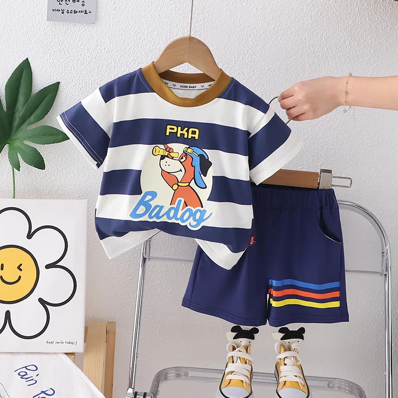 

Kids Summer Sets 2024 Baby Boy Clothes 9 To 12 Months Fashion Striped Dog Short Sleeve T-shirts and Shorts Children's Clothing