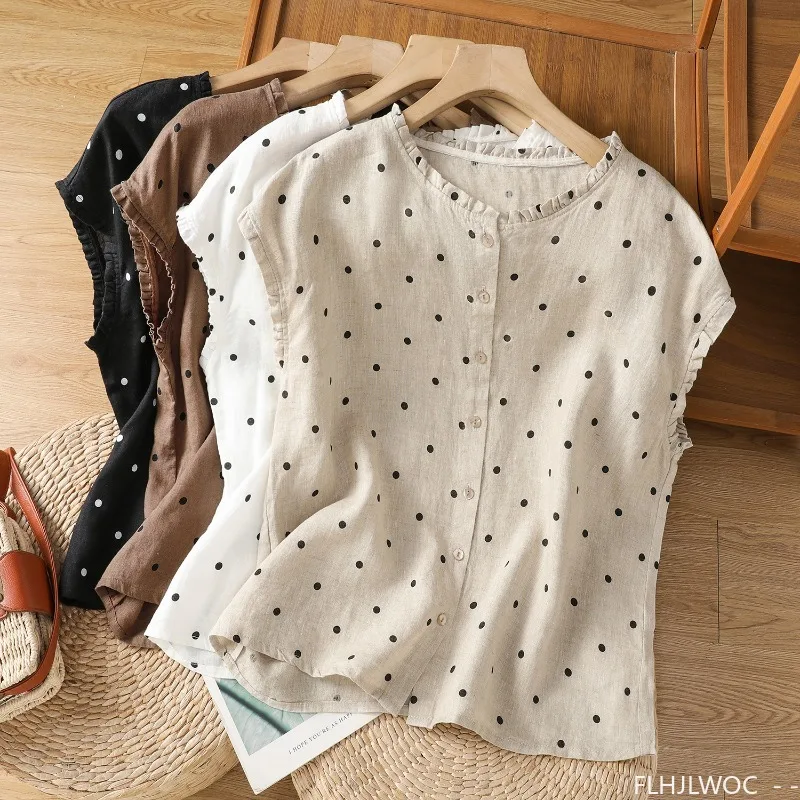 Coton lin chemises courtes mignon été corée Chic hauts Blusas FLHJLWOC Design Preppy Style filles femmes champignon volants Blouses