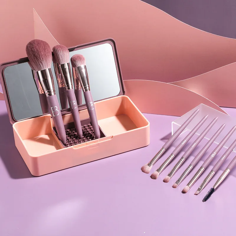 Purple 10-Piece Portable Makeup Brush Set with Mirror - Best-Selling Cosmetic Brush Collection in a Convenient Box