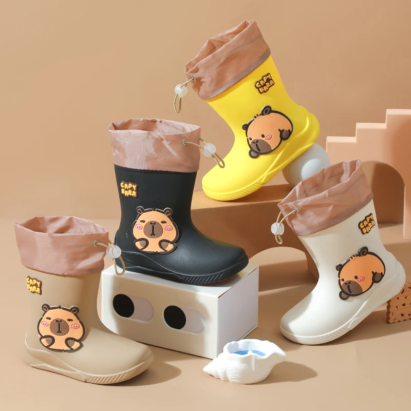 One Pair of Toddler Mid-Calf Rain Boots for Boy and Girl Comfortable Soft Sole Capybara Rubber Water Shoes Elastic Band image 2
