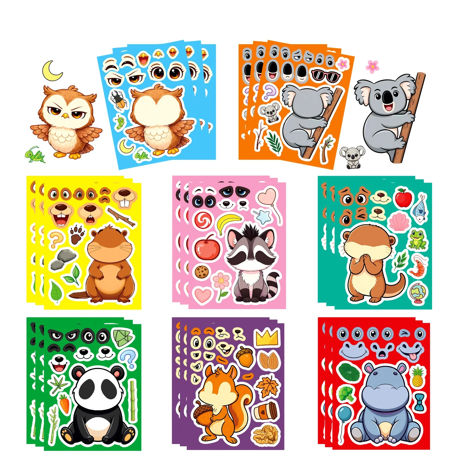 8 Pcs Large Cute Cartoon Animal Make A Face Stickers, Educational DIY Game, Decorate Suitcase File Folder Laptop Helmet Decals