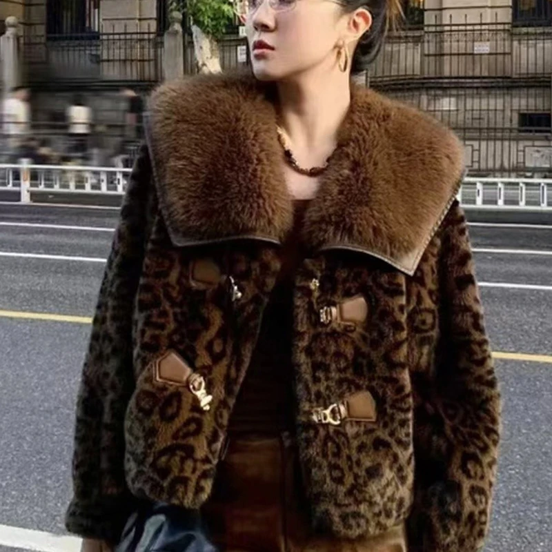MEXZT, abrigo de piel sintética con estampado de leopardo, chaqueta mullida recortada a la moda para mujer, ropa de calle de invierno, prendas de vestir exteriores peludas de manga larga coreanas, nuevo