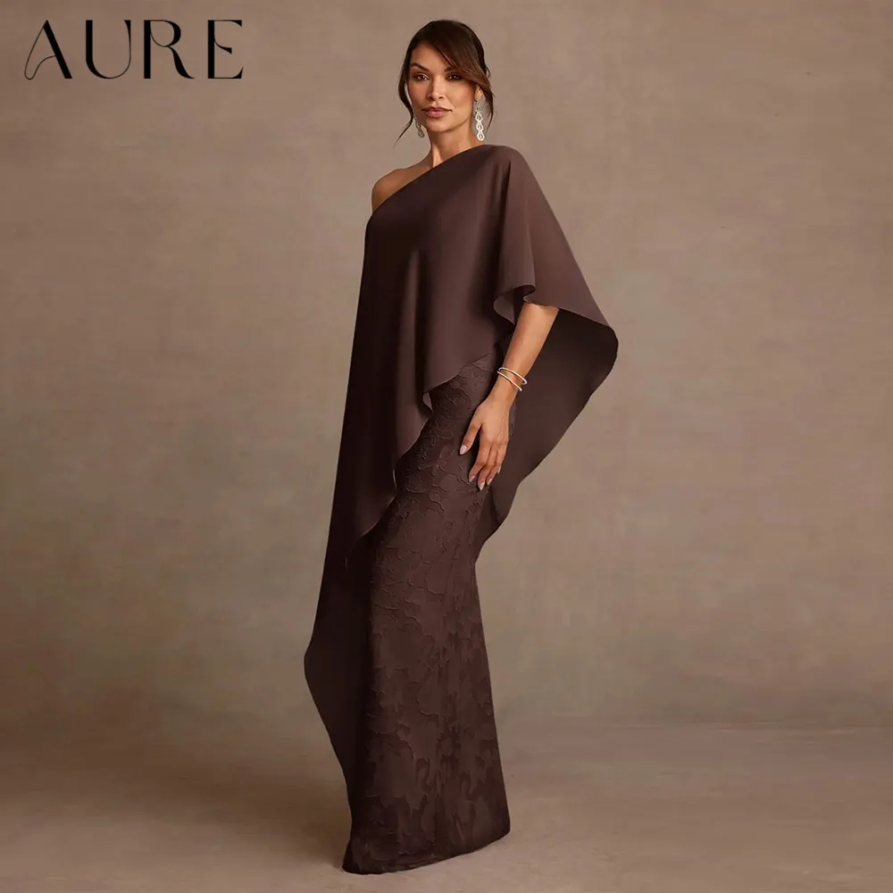 Aure Customized One Shoulder Mother Of The Bride Dress Chiffon Cape Mermaid Evening Long Formal Party Prom Guest Gown