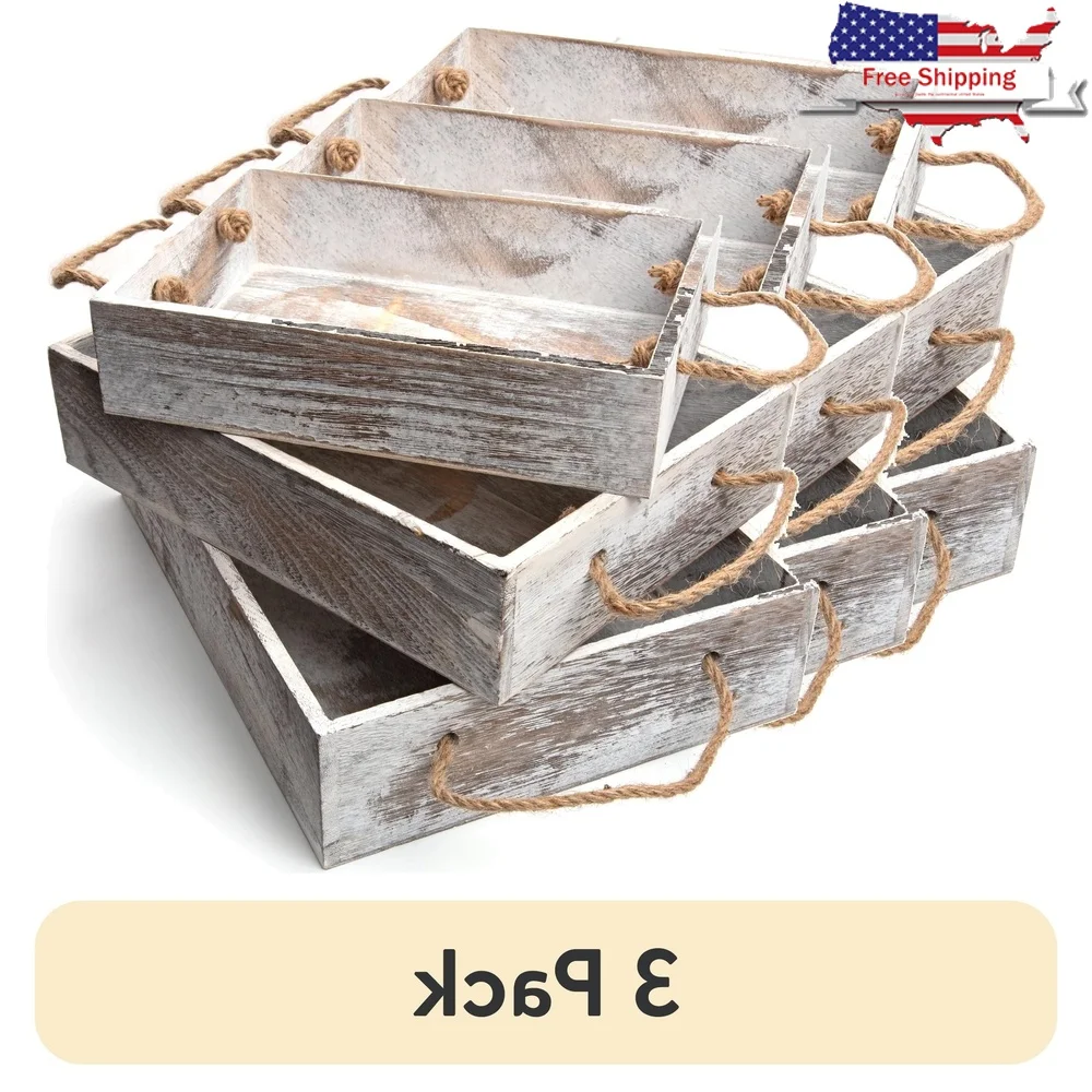 

(3 pack Cousin DIY Rustic Wooden White Wash Rectangular Nested Tray Set 3 Pieces in Multiple Sizes
