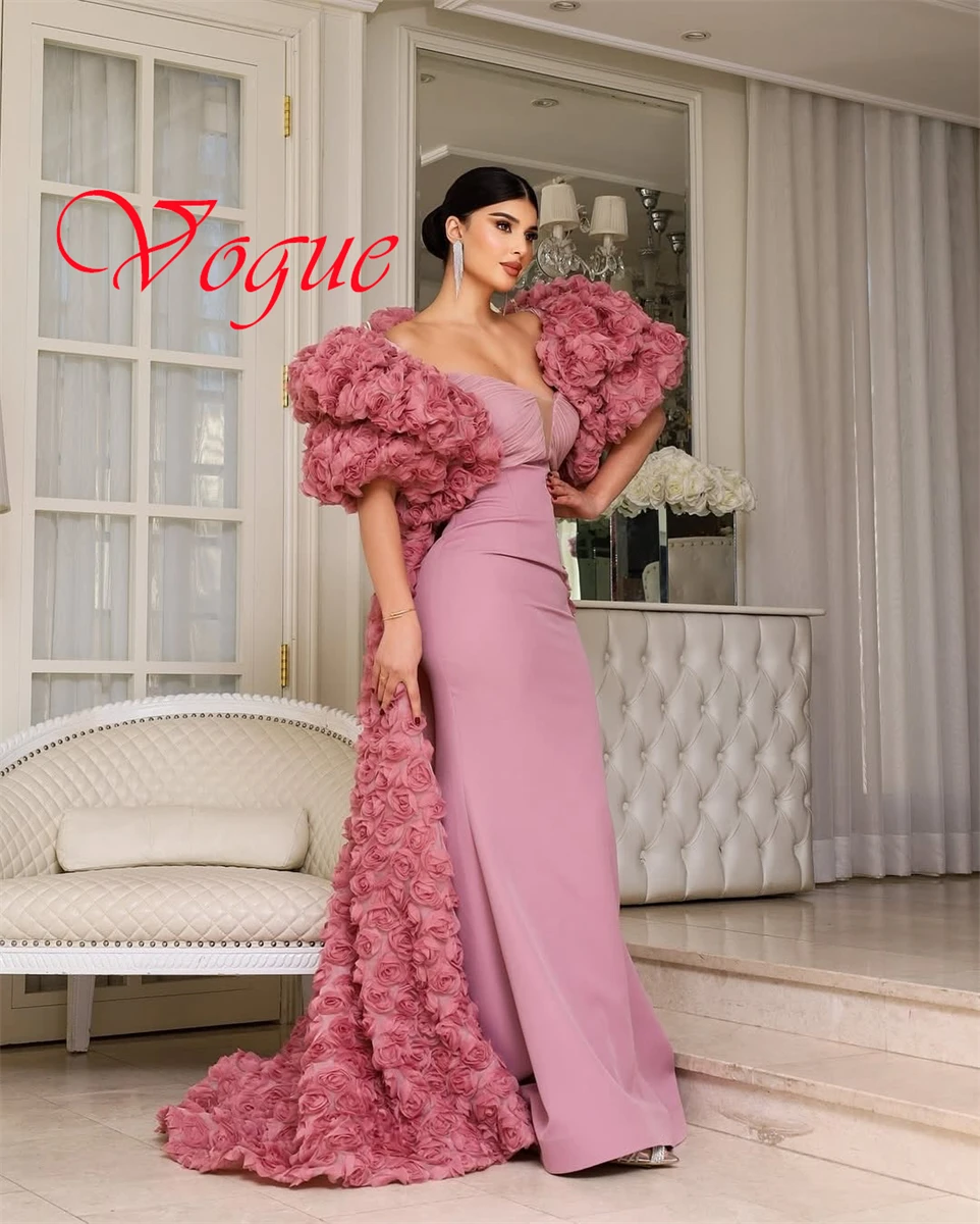 

Customized Exquisite Red Jersey Evening Dress Delicate Strapless Detachable Sleeve Short Sleeves Flowers Special Occasion Gowns