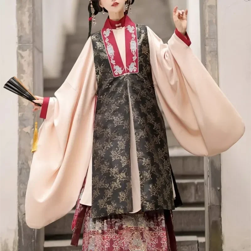 Camisa feminina de mangas grandes Hanfu dourada tecelagem estilo chinês, saia de rosto de cavalo maquiagem, bijia original