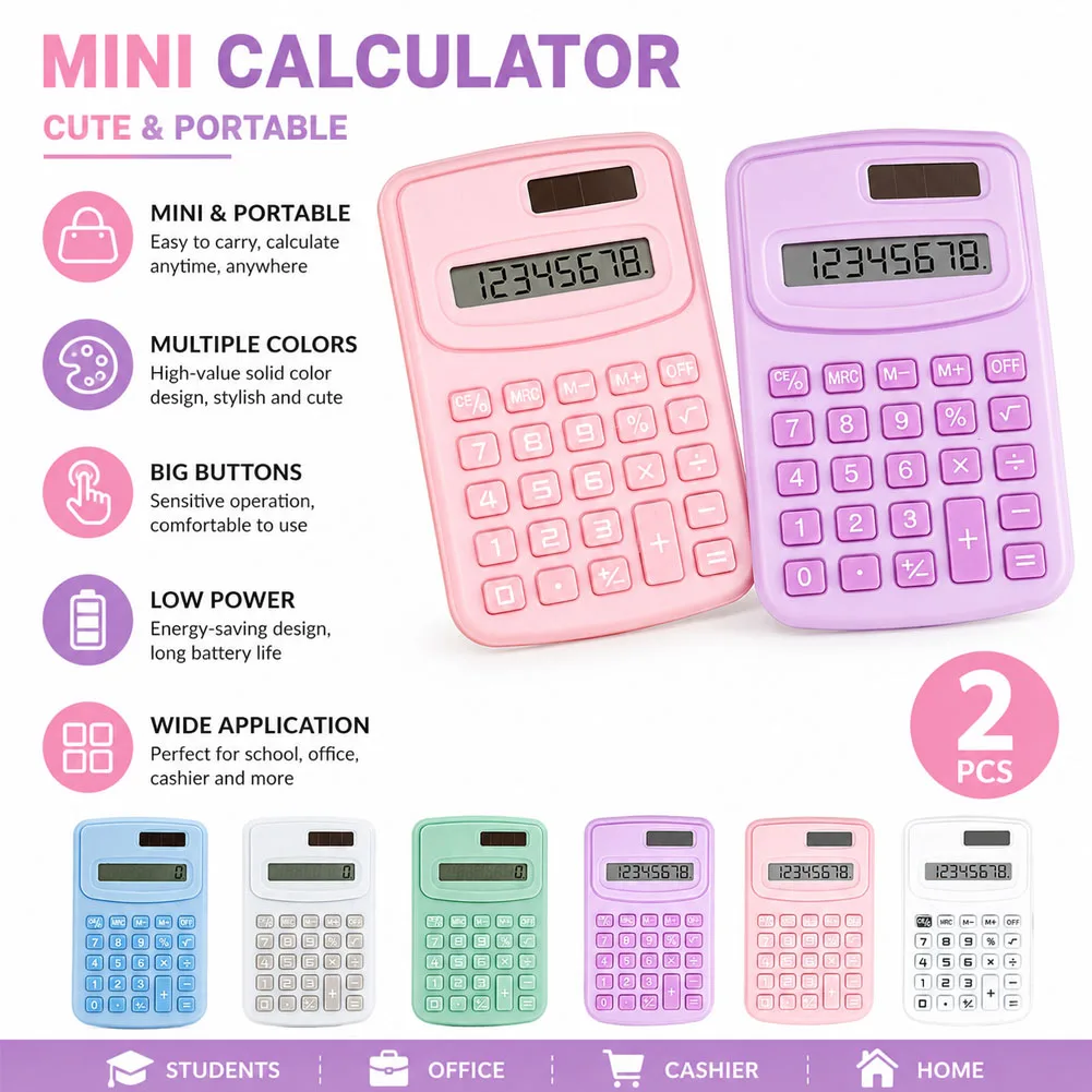 2Pcs Mini Calculator Cute 8 Digits LCD Electronic Kids Home Office Primary School Calculator Teaching Supplies