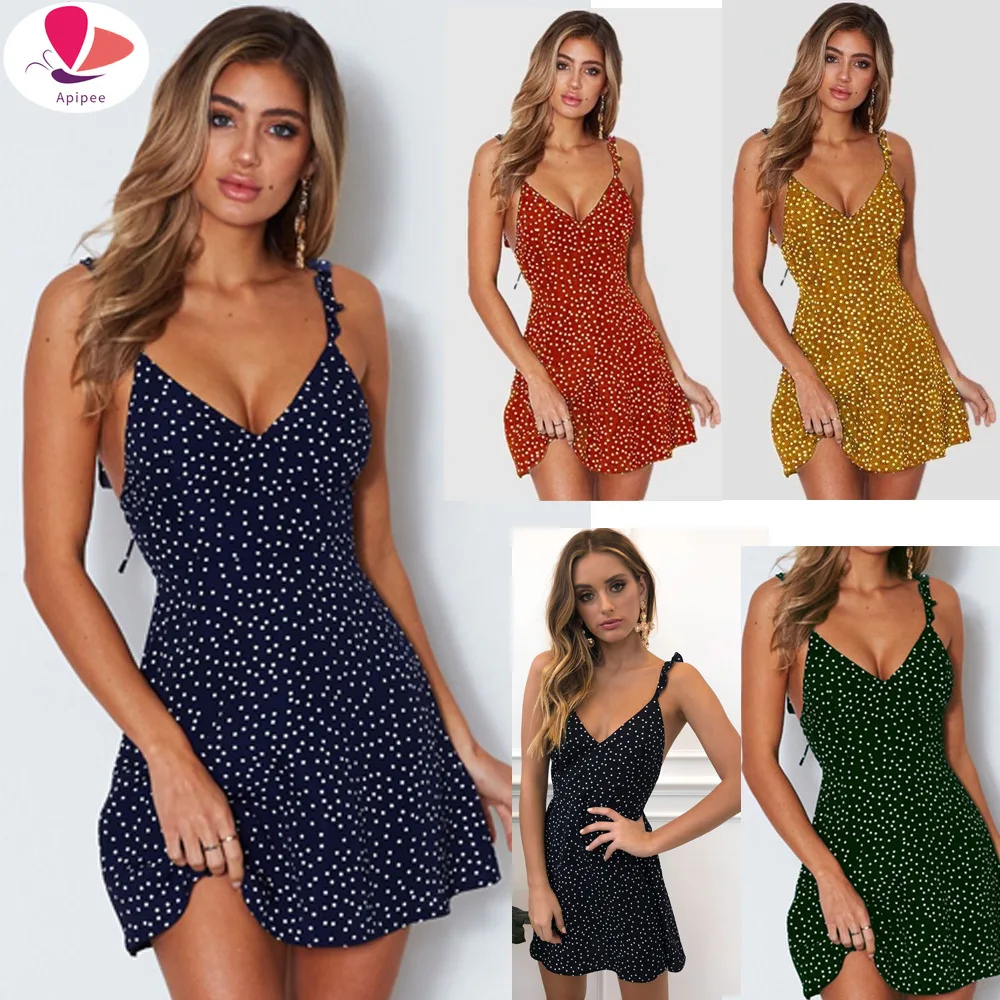 Mode Schöne Frauen Ärmellose Wrap Boho Polka Dot Lose Kausalen Schmetterling Hülse Mini Kleid Sommer Sommerkleid Urlaub