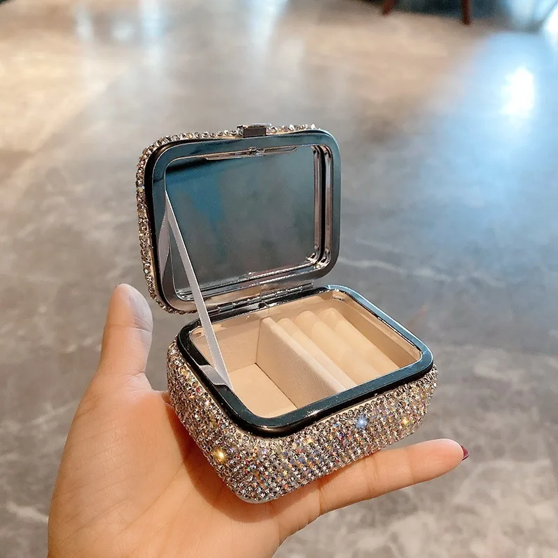 Mini Jewelry Storage Box Stylish and High-end with Diamond Inlays and A Mirror Can Hold Rings Earrings and Necklaces