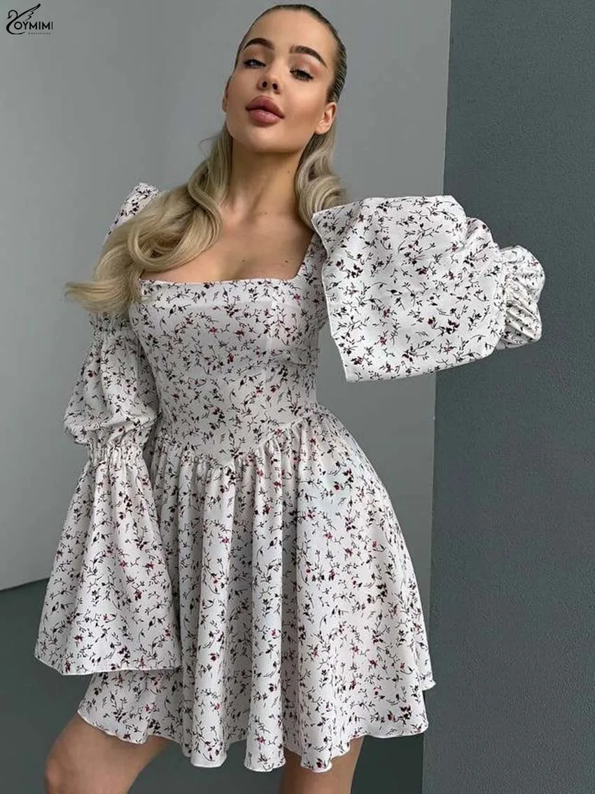 

Oymimi Fashion White Print Dresses 2025 Woman Elegant Square Neck Long Sleeve Open Back Dresses Autumn New Pleated Mini Dress