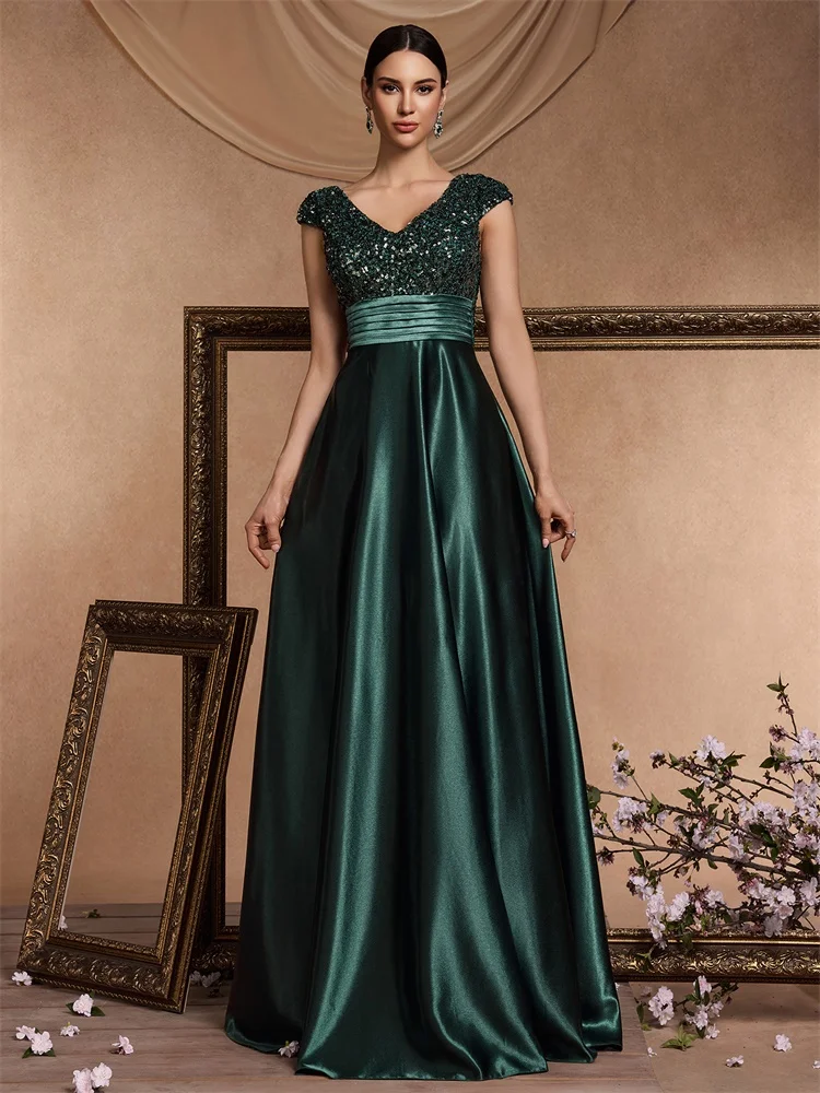 Lucyinlove Elegant V Neck Green Sequin Evening Dress Long 2024 Luxury Women Satin Short Sleeves Party Dress Prom Cocktail Dress