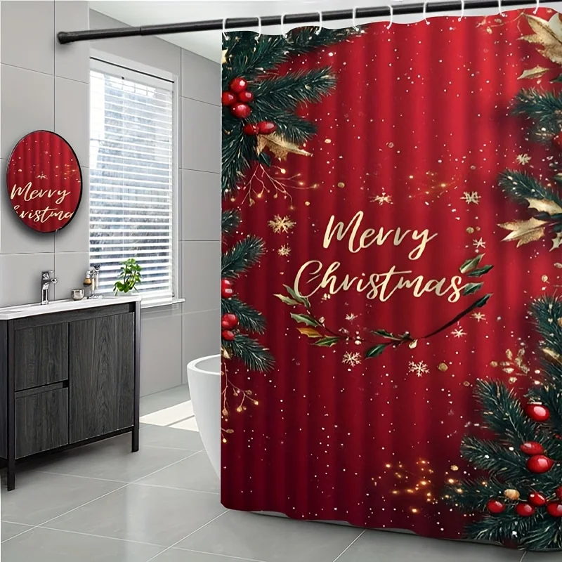 1pc Christmas Shower Curtain with Green Pine Red Berries & Golden Snowflakes Holiday Pattern - Machine Washable Fabric Bathroom