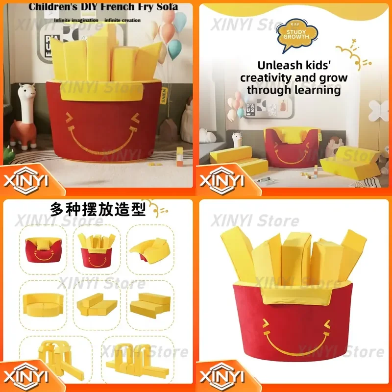 Kids Modular Foam Play Sofa for French Fries Shape Creative DIY Combination Couch for Toddlers Soft Velvet Seating Playroom