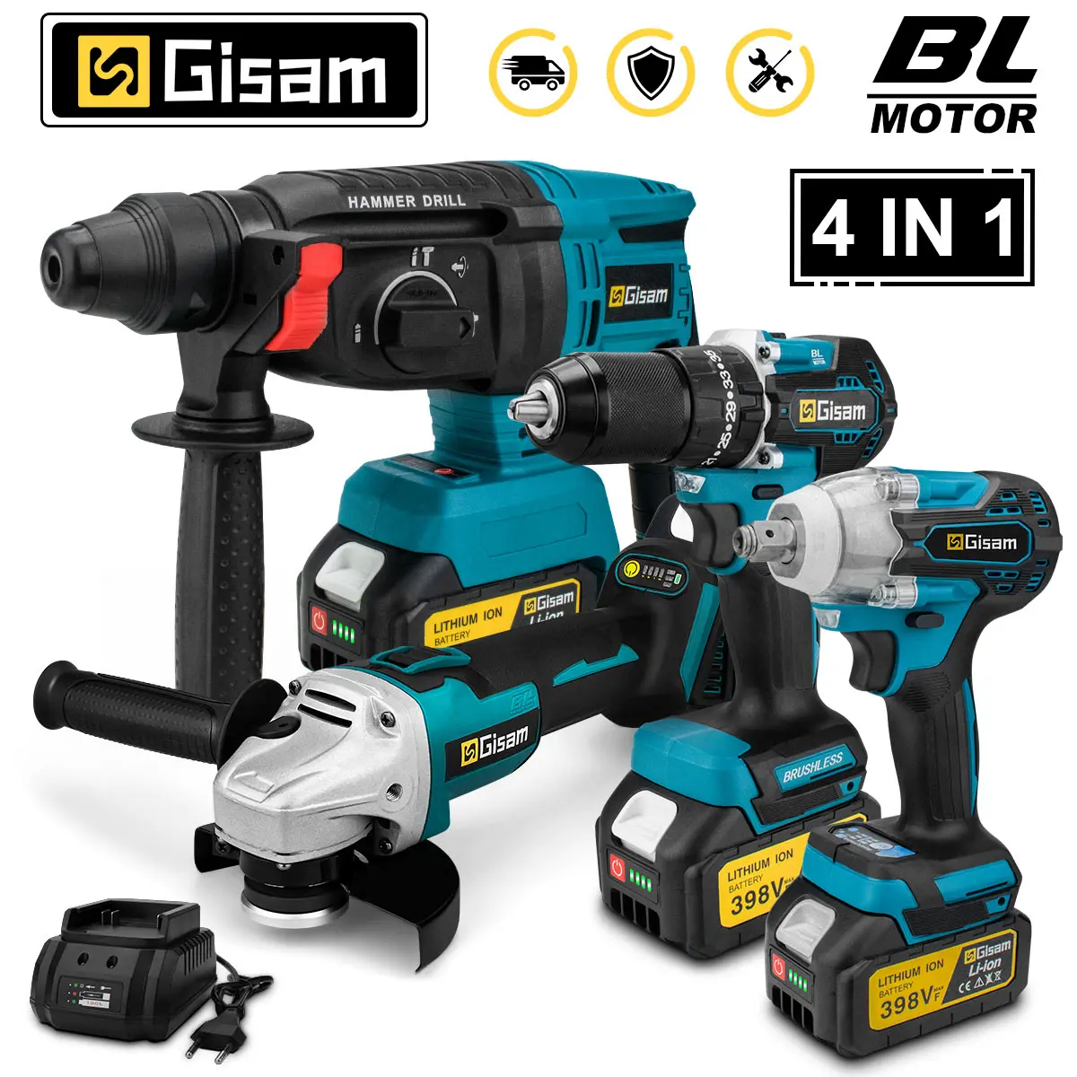 Gisam 4Pcs Brushless Tools Set 13mm Electric Drill + 2 In1 Impact Wrench + 125mm Electric Angle Grinder+ Electric Hammer Drill