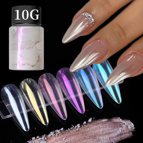 Imagen 2 del producto 10g perla Aurora polvo de uñas púrpura rosa azul cromo brillo pigmento polvo UV Gel polaco arte de uñas polvo de inmersión manicura