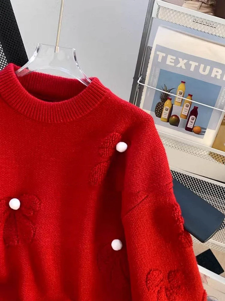 Zoki Retro Bow Red Sweaters Women Casual Sweet Lazy Wind Knitted Jumpers Vintage Long Sleeve O Neck Female Cute Design Tops Fall