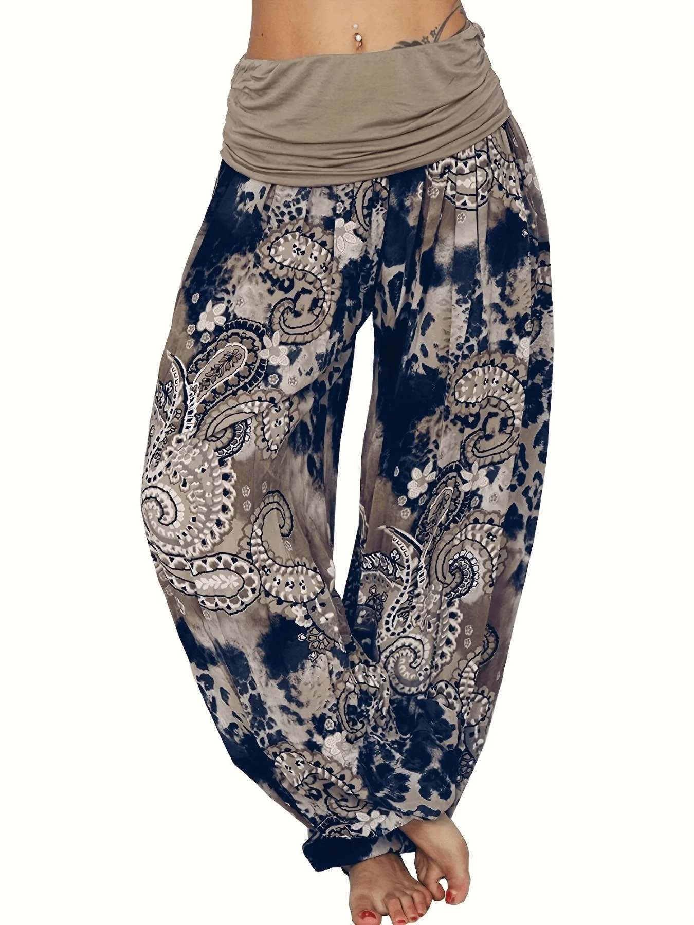 Fox Claw Plus Size Women's Loose Bohemian Style Contrasting Print Mid Waist Wide Leg Haren Pants