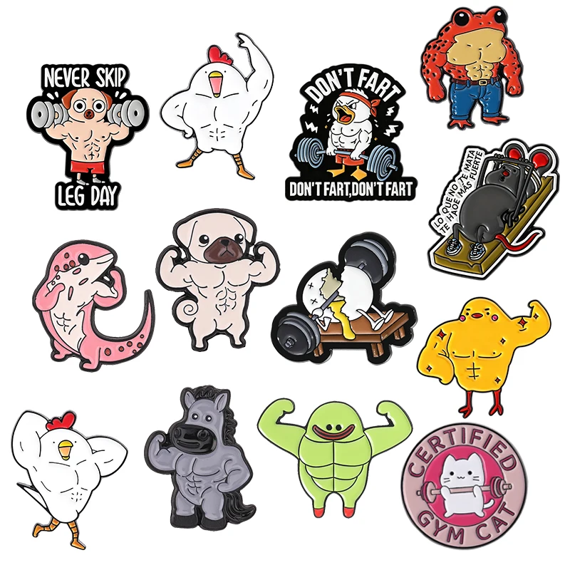 Broche en émail amusante et créative, motif œuf, fitness, musculation, dessin animé humoristique, animal musclé, pour gym, badge de revers, bijoux, cadeaux