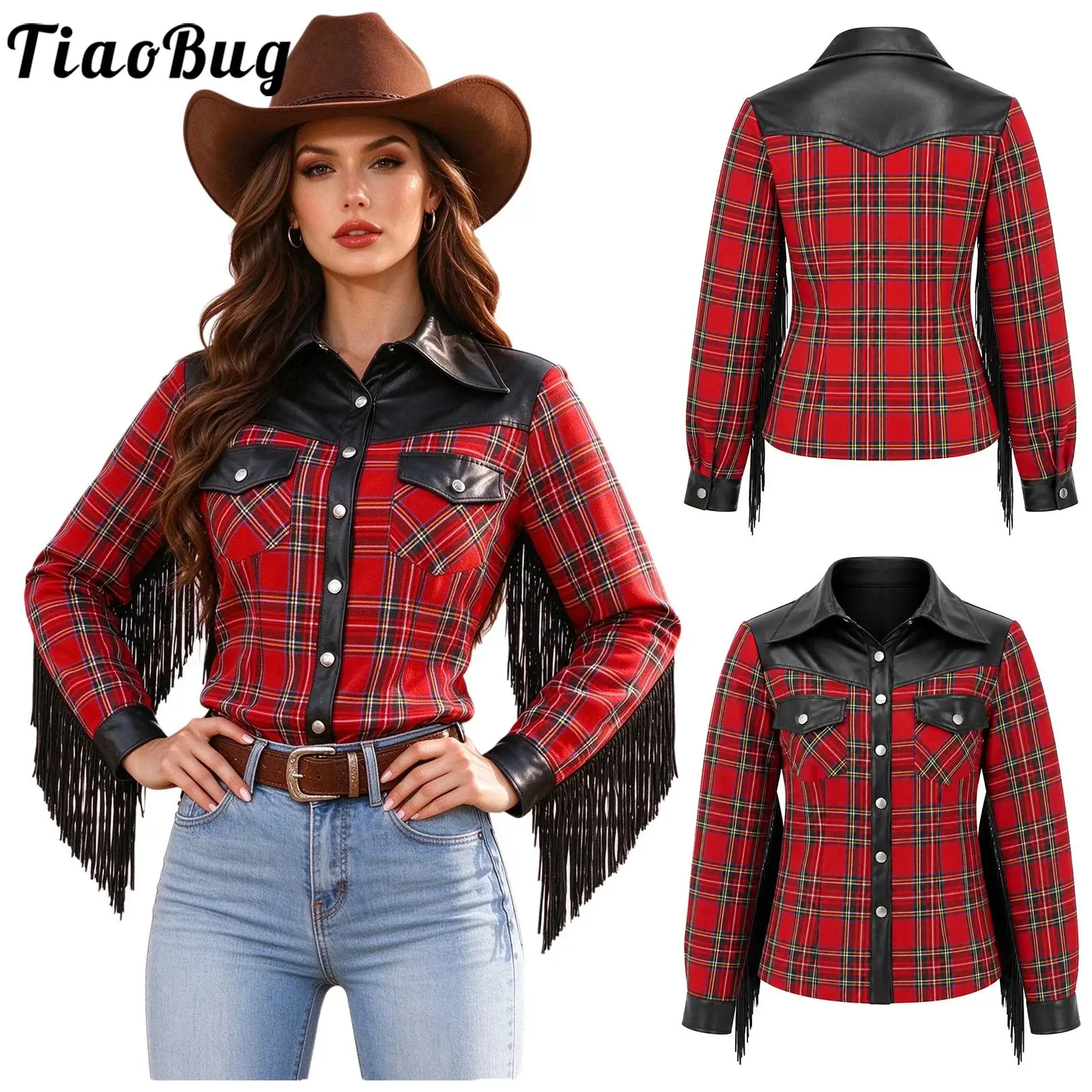 Women Western Cowgirl Fringe Plaid Shirt Long Sleeve Faux Leather Patchwork Buttoned Shirts Top for Party Club Country Concert