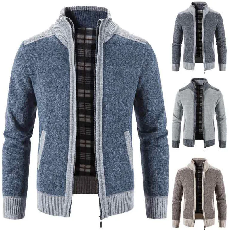 Men's Knitted Cardigan Autumn and Winter Color Blocking Fleece-lined Stand Collar Warm Top Long Sleeves Casual Slim Zipper Coats