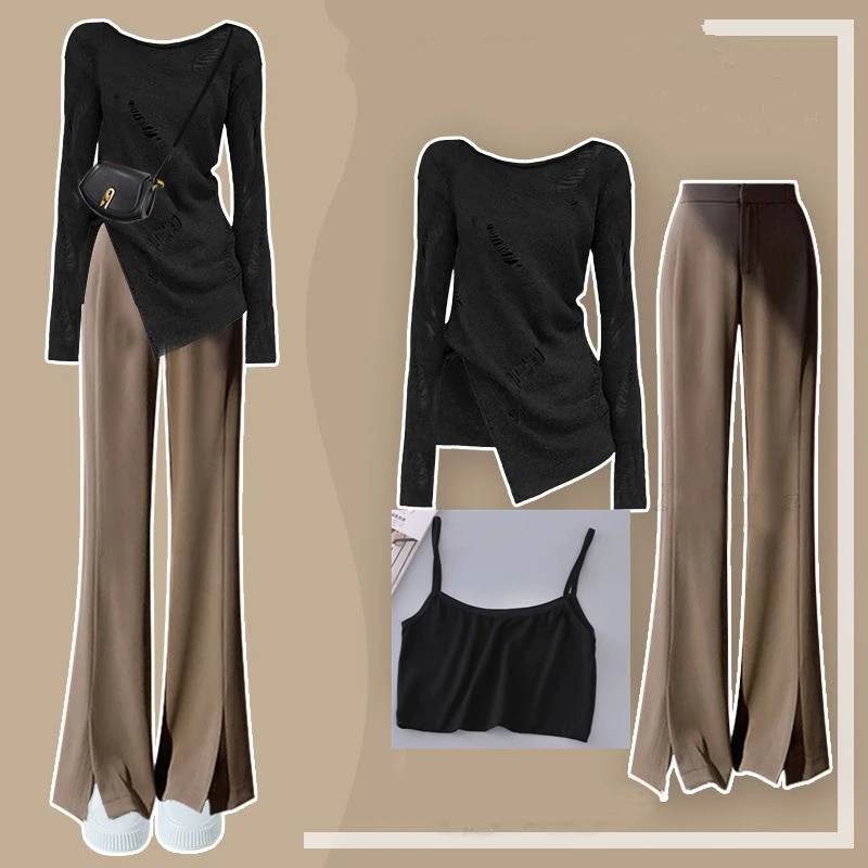 Women\'s Autumn Fashion Hole Split T Shirts Sling Flare Pants Sets Lady Falls Casual Solid Long Sleeve Crop Tops Trousers Outfits