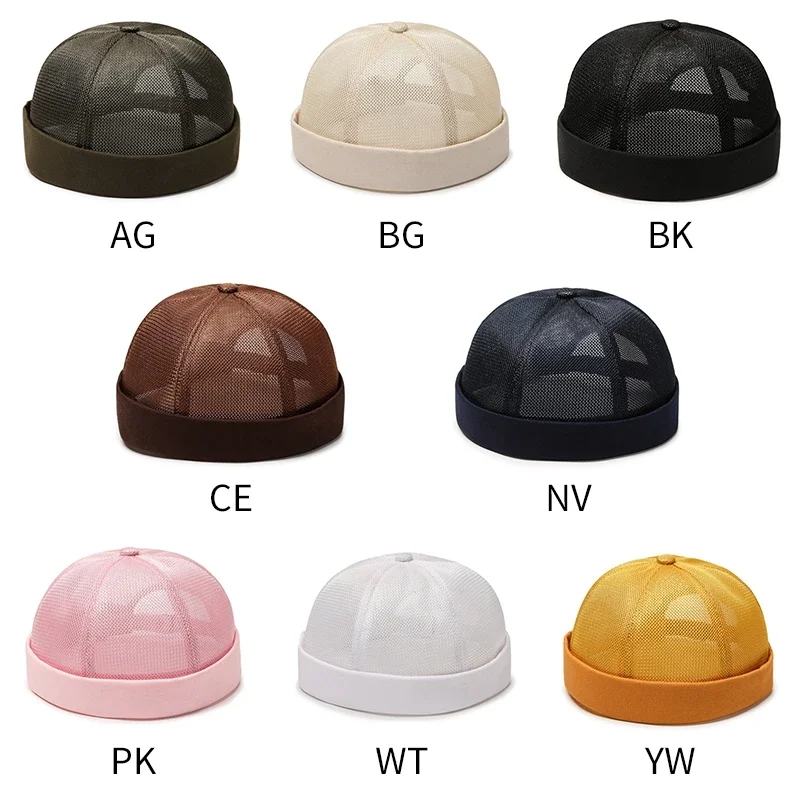 Mens Breathable Mesh Brimless Caps Solid Color Street Portable Docker Sailor Crimping Hats Hip Hop Cap Solid Color Dome Hat