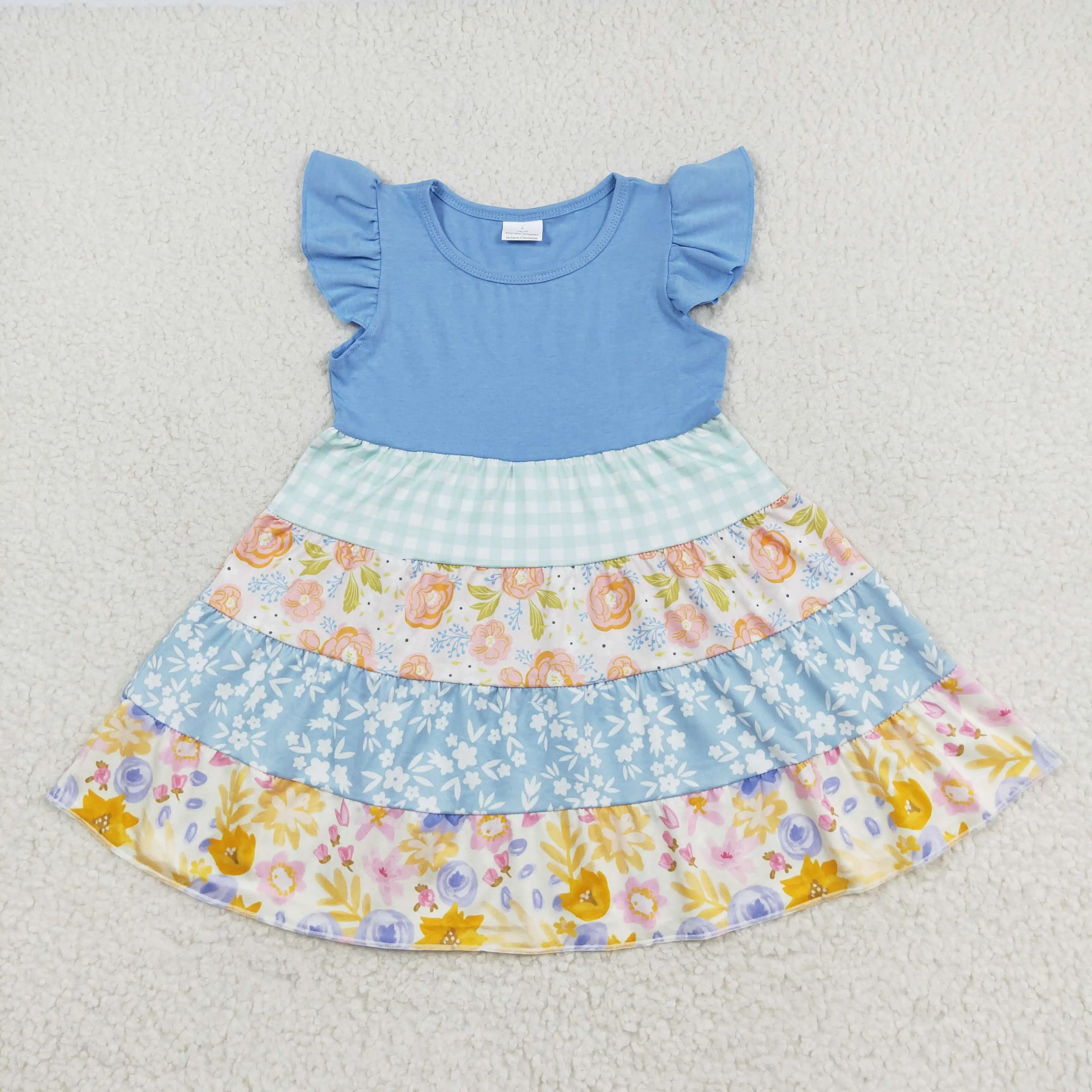 

z99-19 GSD1073 Summer baby girls dresses Flower blue flying sleeve dress Wholesale dress Boutique baby girls clothes