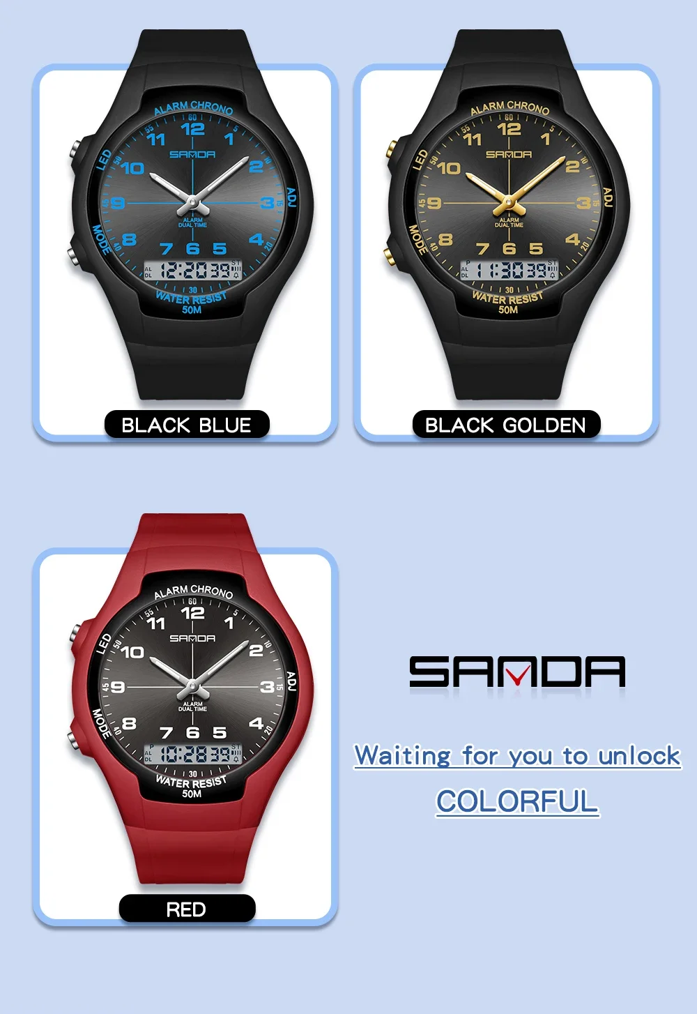 SANDA SD6320 ساعة كوارتز عصرية فاخرة وخفيفة الوزن مقاومة للماء ومزاج بسيط وساعة إلكترونية كاجوال