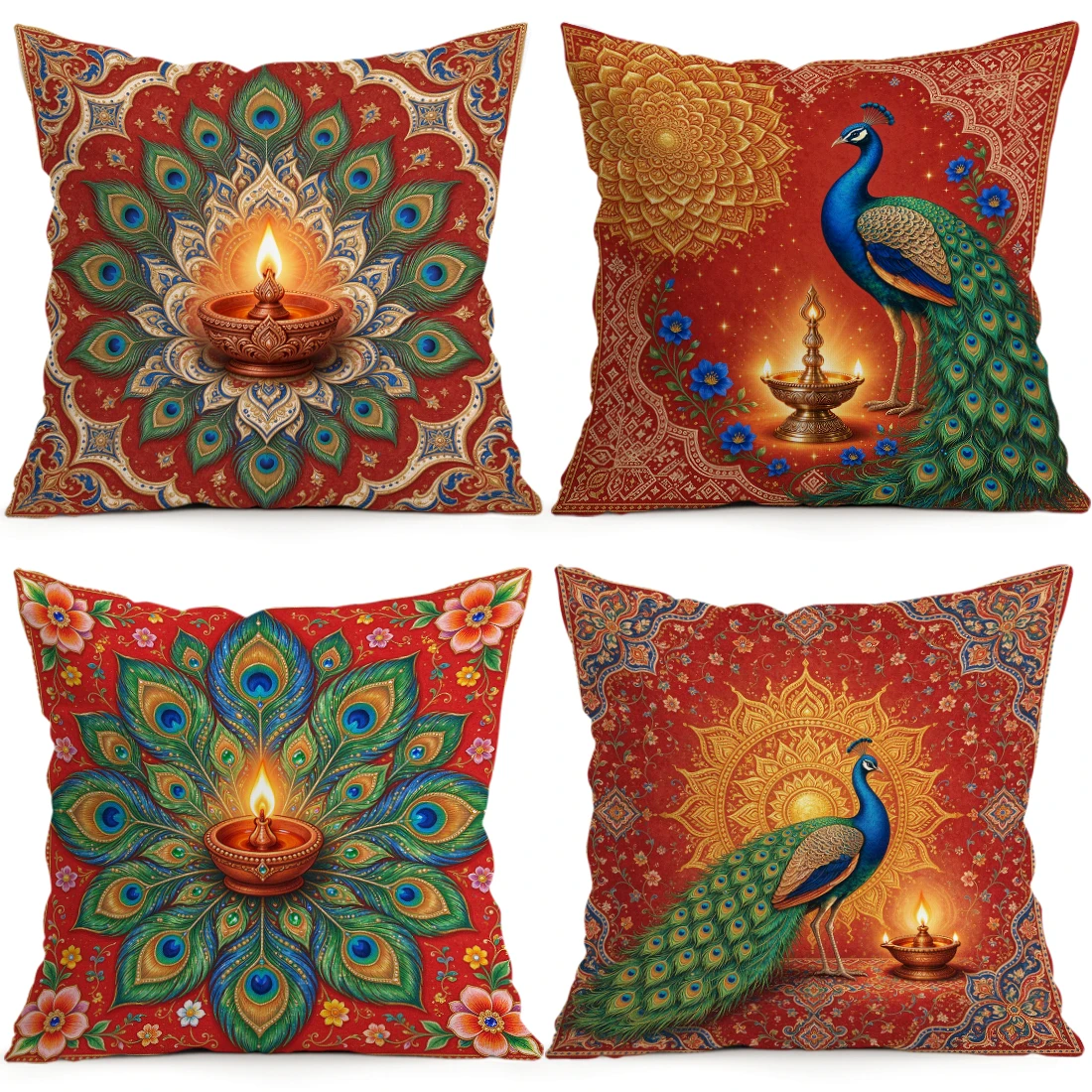 1/4pcs Peacock Oil Lamp Pongal Festival Cushions Pillowcase Polyester Cushion Cover Throw Pillow Pillowcover Home Car Sofa Decor