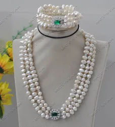 Z13290 Set 3Row White Baroque Freshwater Pearl CZ Bead Necklace Bracelet Emerald Custom Jewelry