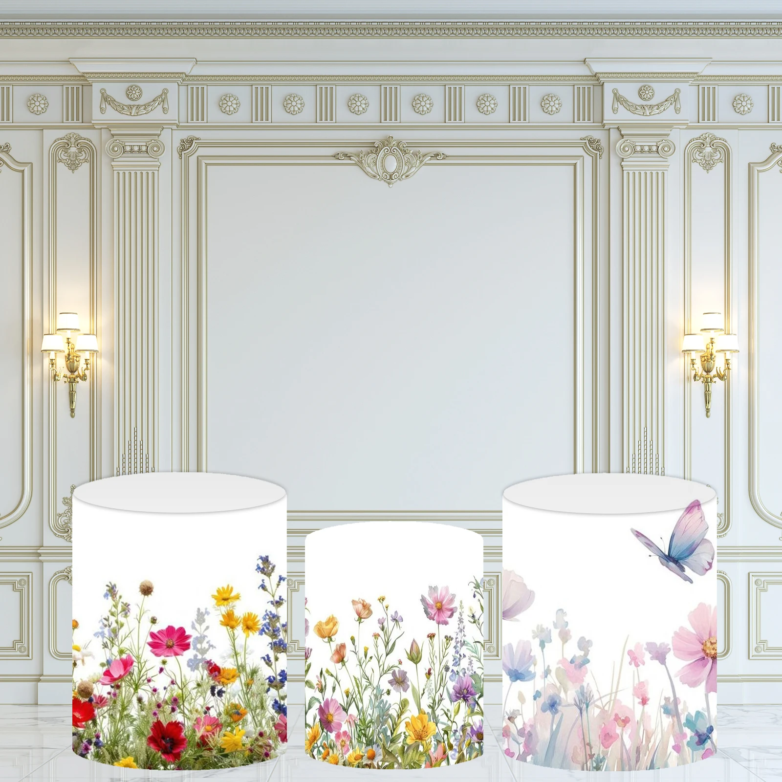 

Mocsicka Backdrop Child Birthday Baby Shower Backdrop Flower Butterfly Custom Round Cylinder Cover Decor Studio Prop