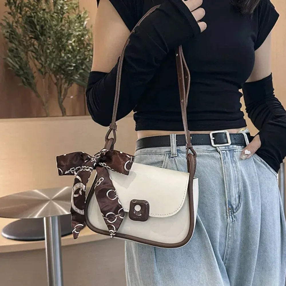 Bow Pendant Silk Scarf Underarm Bag Korean Style Color Blocked Texture Shoulder Bag Large Capacity Versatile PU Leather Handbag