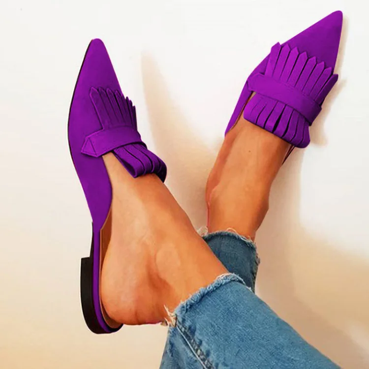 

Chic Tassel Pointed Toe Low Heels Slipper Woman Purple Green Suede Slip On Woman Fringe Mules Slingbacks Shoes