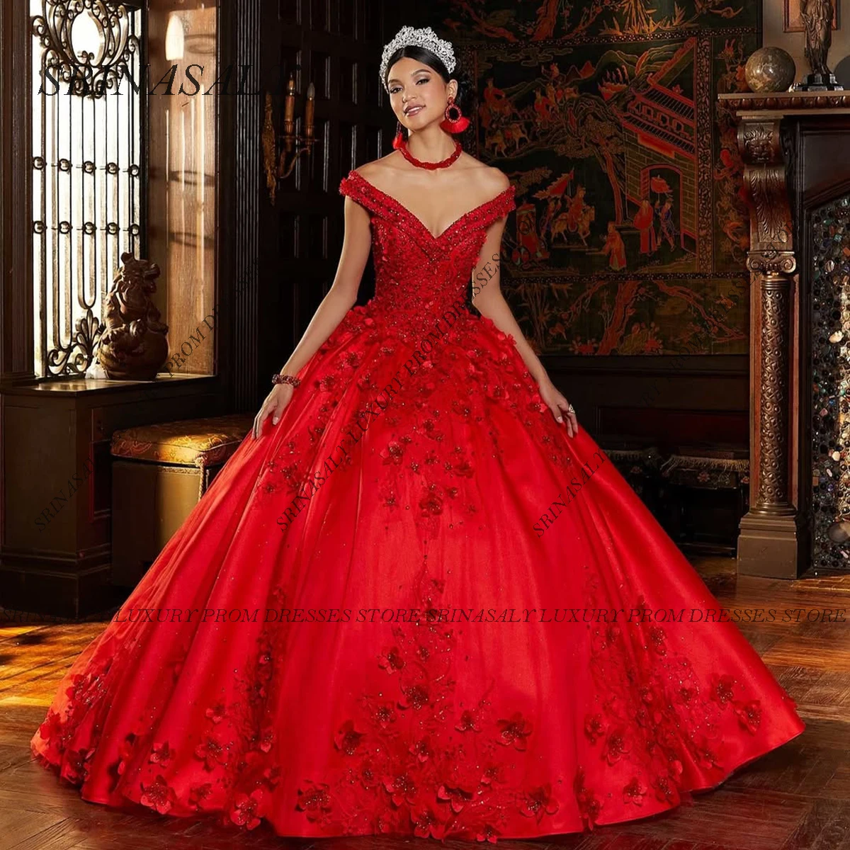ชุดเดรสเจ้าหญิงงาน Quinceañera แบบสั่งตัด ทรงบอลกาวน์ ประดับดอกไม้ทำมือที่ไหล่ แต่งลูกปัดแบบเม็กซิกัน คอร์เซ็ทหวานๆ สำหรับงานฉลอง Sweet 16 ชุดเดรสสำหรับงานฉลองครบรอบ 15 ปี