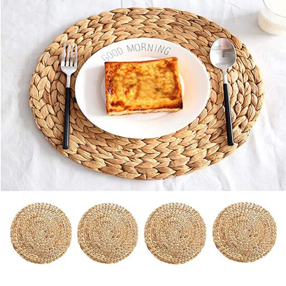 Natual Straw Weave Rattan Round Placemats Cups Mat Dining Table Home Decor