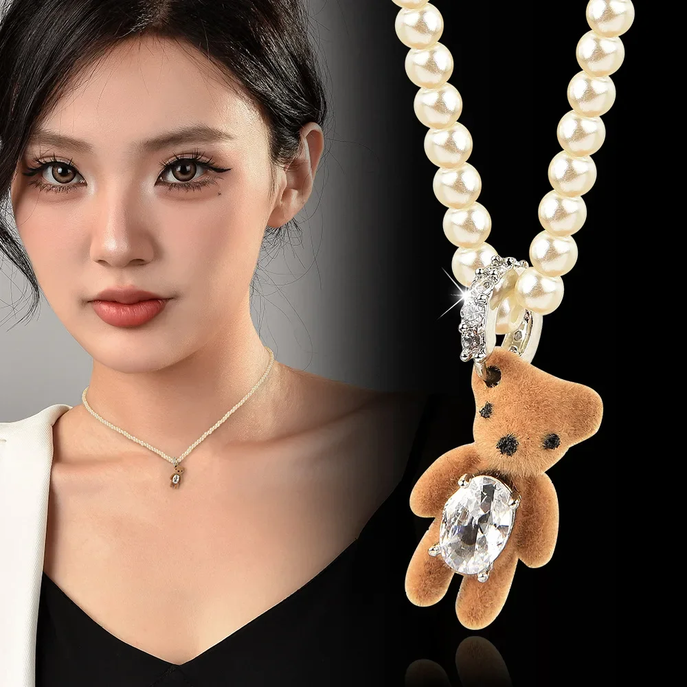 

Cute plush bear pearl necklace for women, light luxury and fashionable collarbone chain, sweet and trendy