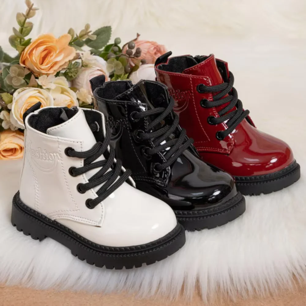 Autumn and Winter Children's Shoes Waterproof PU Leather Children's Boots Fashion Toddler Lace-up Zip High Boots Boys Girls