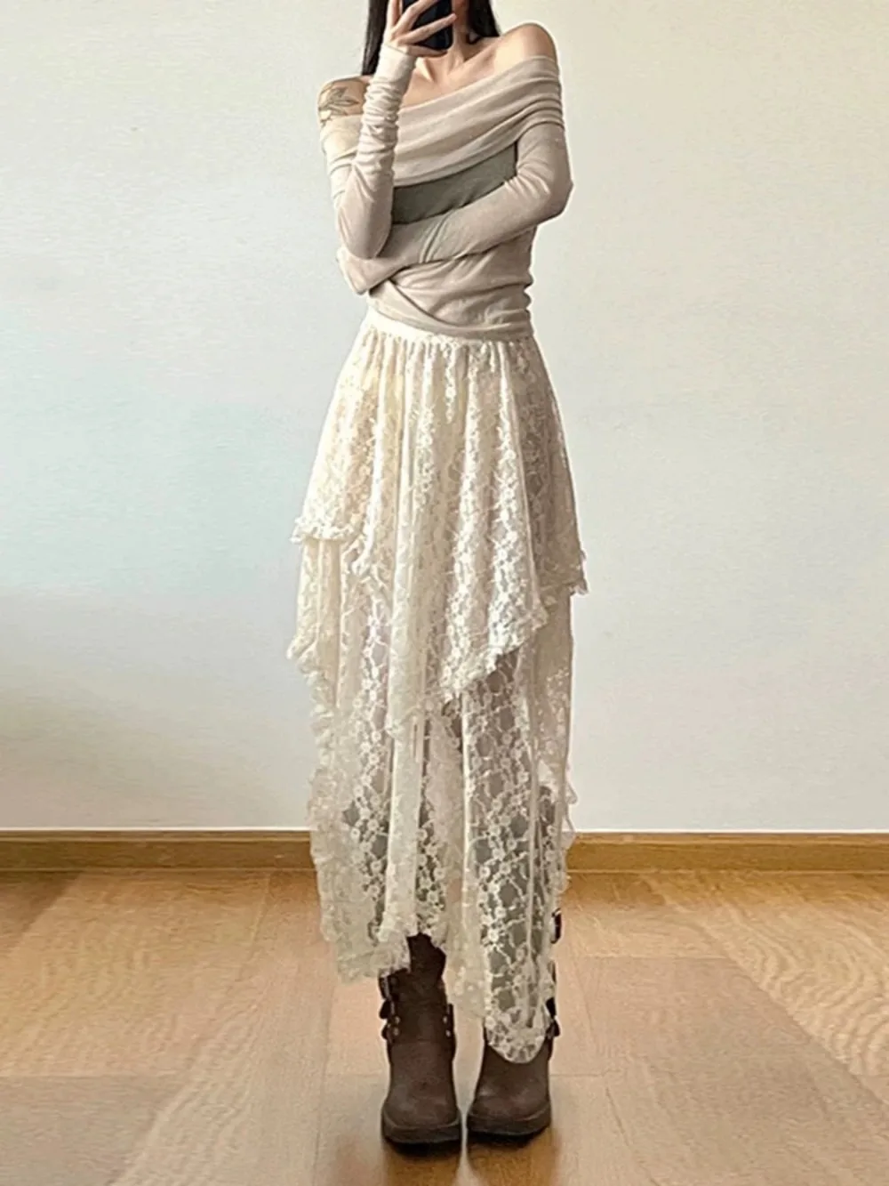 Vintage Hohe Taille Spitze Unregelmäßigen Asymmetrischen Rock Fairycore Frauen Sexy Y2K Boho Ästhetischen Mid Röcke Dame Urlaub Outfits – Detail 4