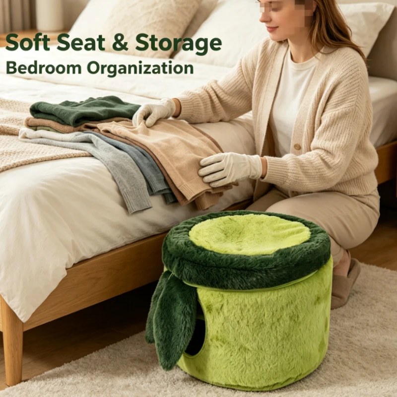 Plush Bamboo Style Storage Ottoman With Zippered Lid And Leaf Detail For Entryway Or Sofa Side Use