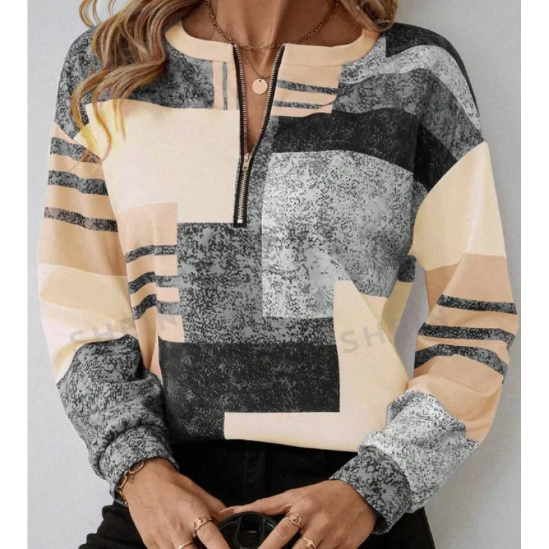 Felpa casual da donna Fashin Griglia geometrica cuciture Manica lunga O-Collo Pullover con cerniera Autunno Inverno Top Felpa da donna