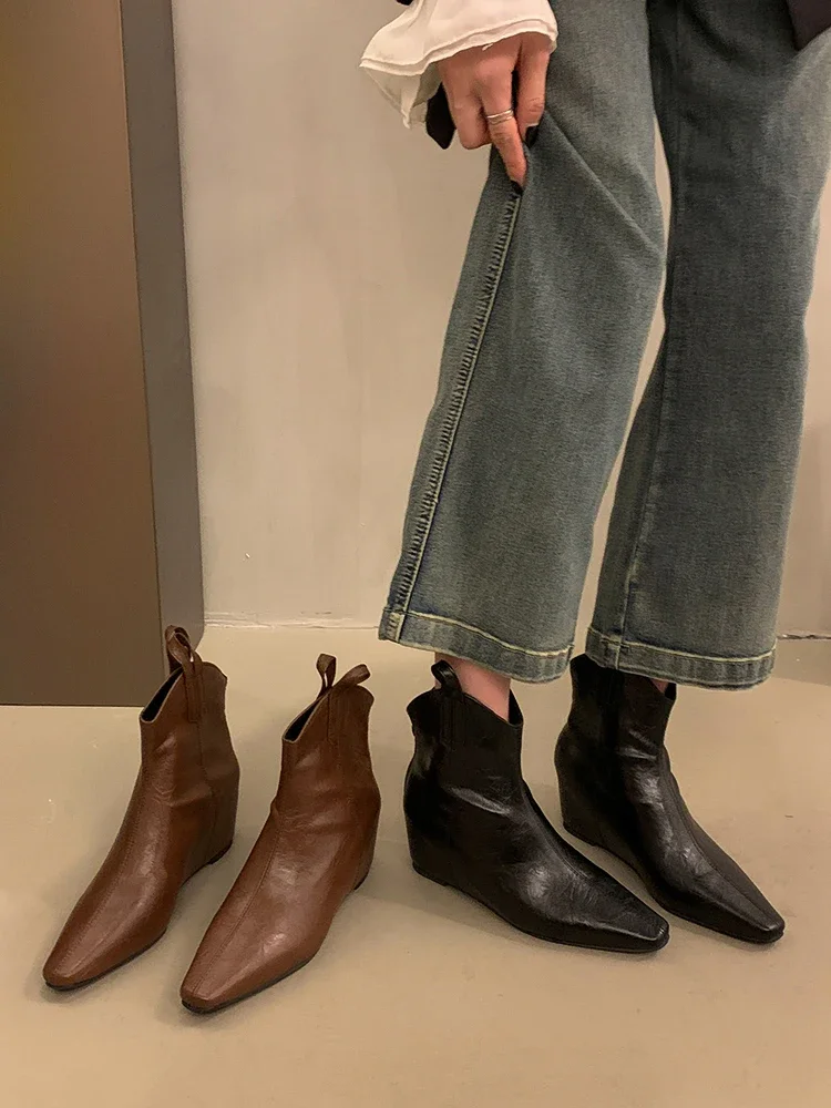 Women's Shoes Short Boots 2023 Spring and Autumn New Pointed Inner Elevated Zipper Slim Short Sleeve Chelsea Boots