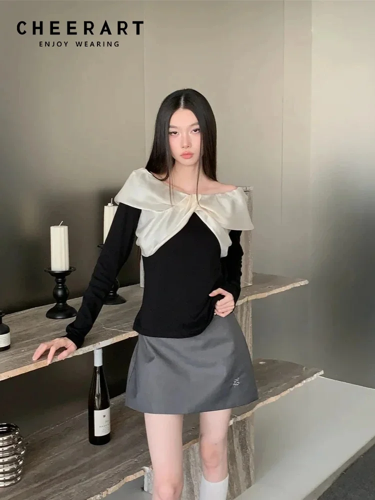 CHEERART Designer 2025, Herbst-Strickoberteil, Langarmbluse, Damenfliege, schwarze Strickwaren, niedliche modische Top-Kleidung