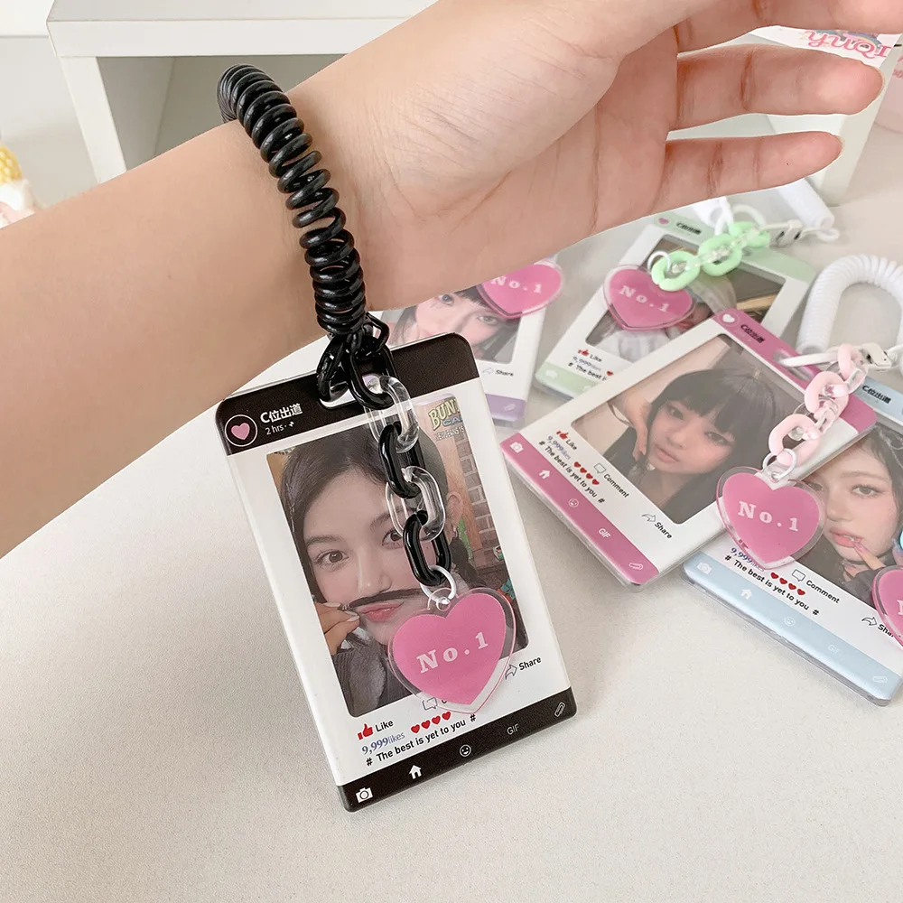 حامل بطاقة الصورة مع قلادة القلب مكافحة خسر المفاتيح 3 بوصة المعبود Photocard واقية حالة الطالب معرف شارة حافلة بطاقة الأكمام