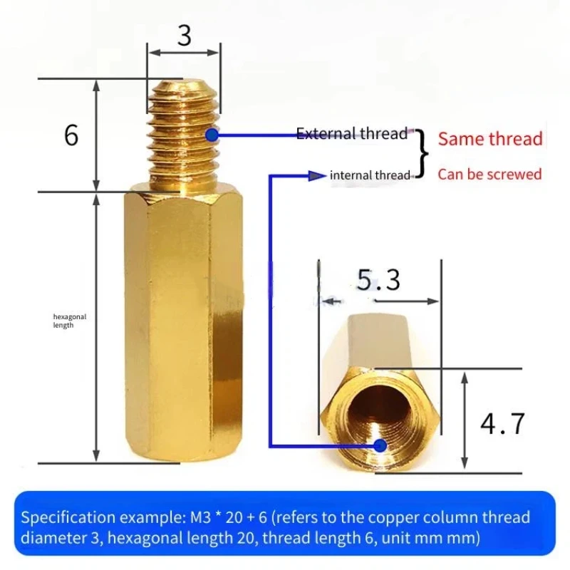 Hexagonal Copper Column Single-head Copper Stud M3*4/5/6/7/8/9/10/12/14/15/20/30/40/50/60
