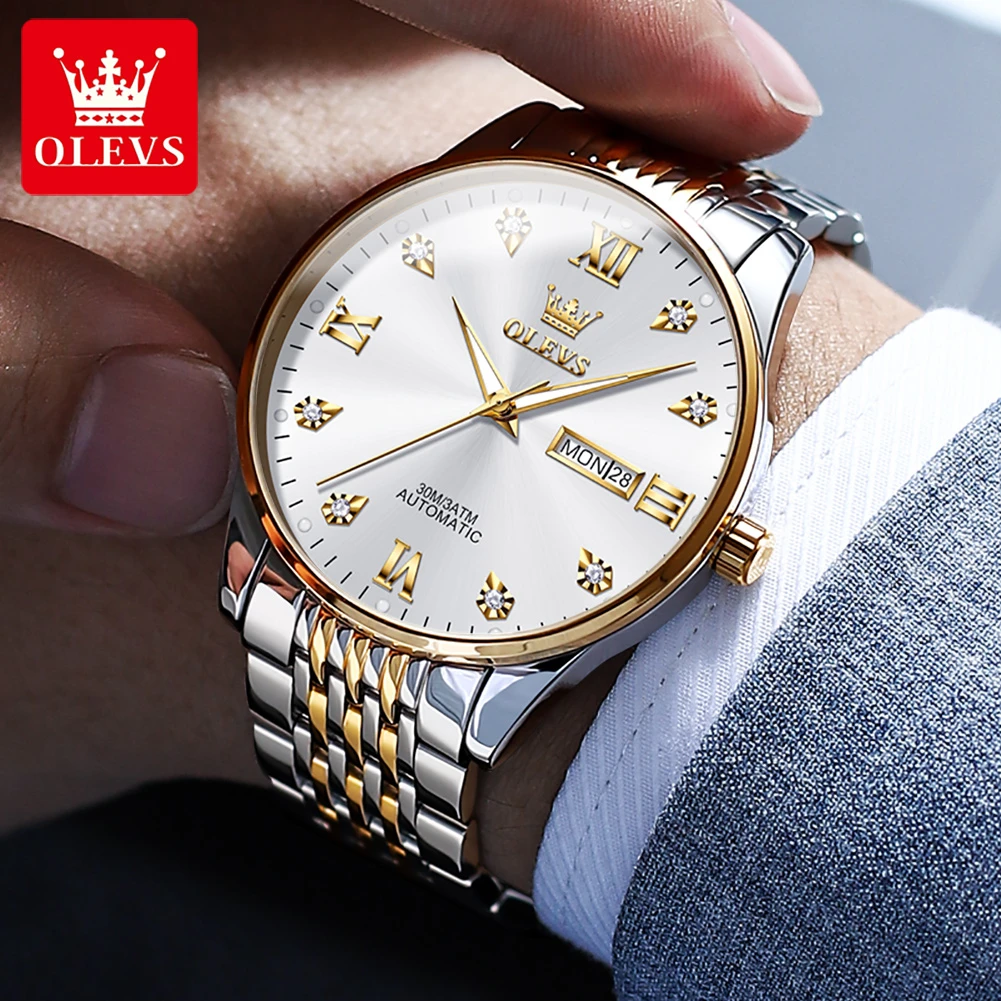 OLEVS 6673 ساعة عصرية ميكانيكية هدية سوار ساعة من الفولاذ المقاوم للصدأ قرص دائري ساعة يد عرض الأسبوع تقويم مضيء