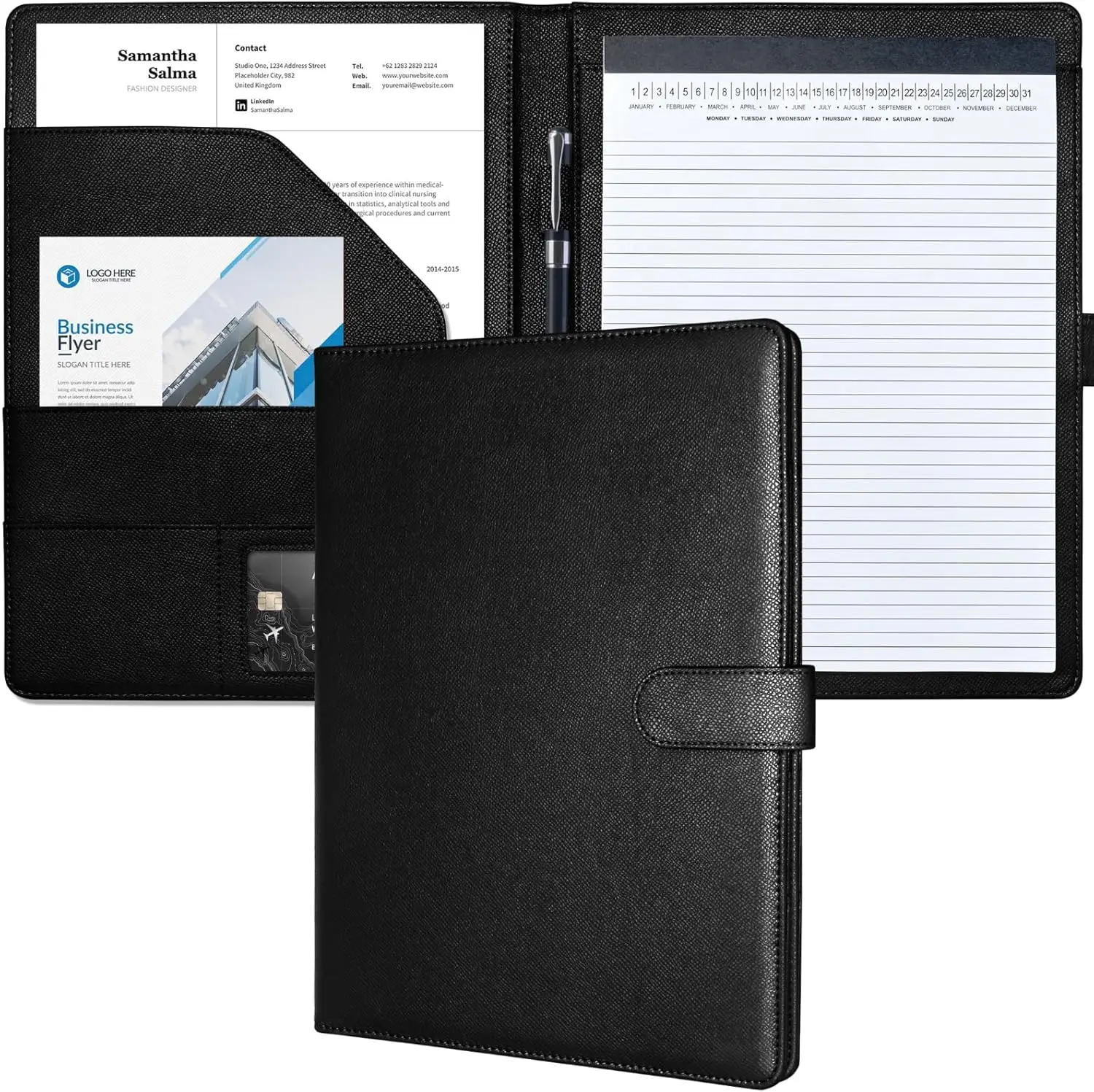 Portafolio Profesional de Piel Sintética con Organizador de Documentos y Tarjetero para Hombres y Mujeres, Negro