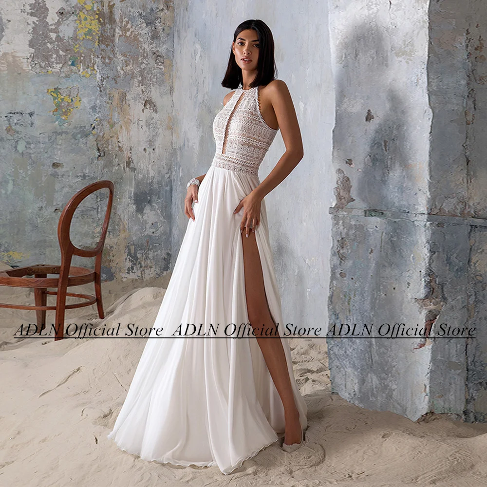 Abito da sposa Boho abito da sposa da spiaggia O collo senza maniche in Chiffon di pizzo bohémien una linea abiti da sposa Sweep Train Robe De Mariee