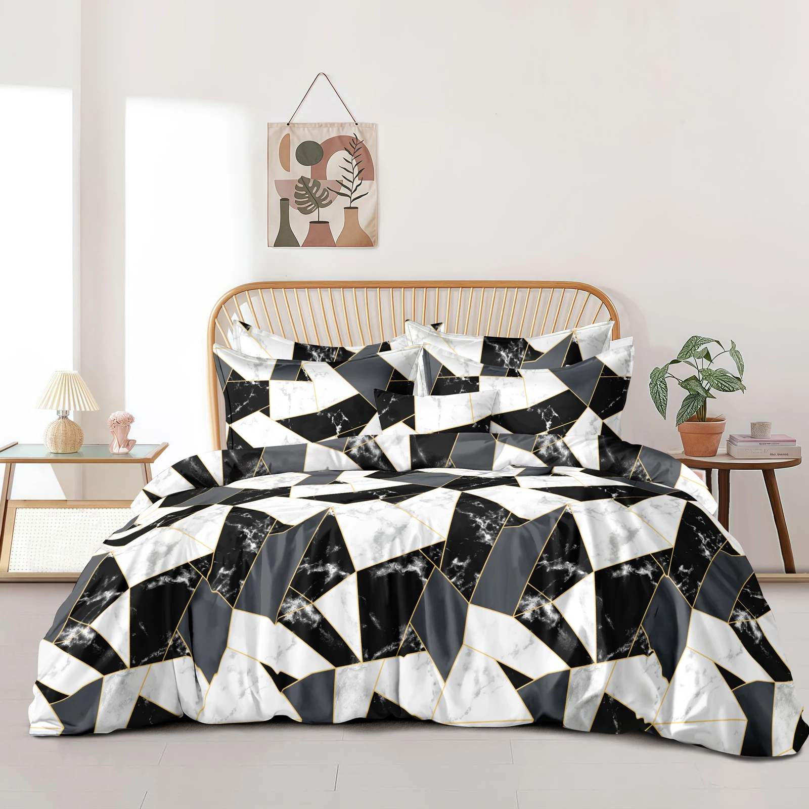 

Комплект постельного белья из флиса с геометрическим квадратным принтом (2 наволочки + 1 пододеяльник), 3-предметный комплект с геометрическим квадратным узором, ультрамягкий и комфортный, из дышащего полиэстера, подходит для спален и гостевых комнат (пок